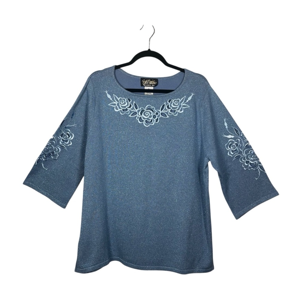 Bob Mackie Wearable Art Icy Blue Metallic Embroidered Cut Out Top Size Medium